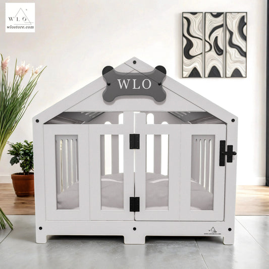 Modern White Gabled Dog Crate with a sleek, home-friendly design.